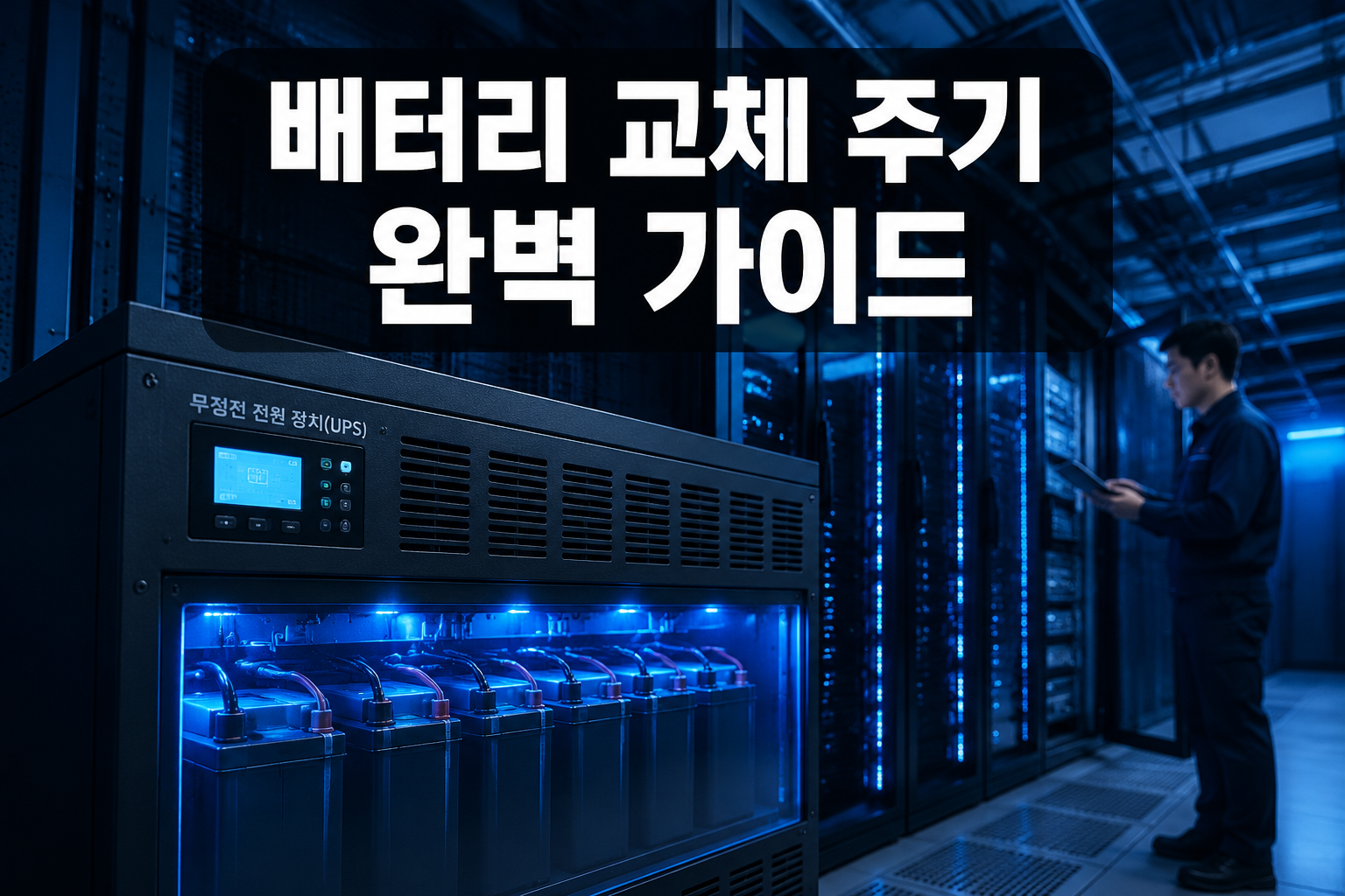 Professional () hero image with Korean '배터리 교체 주기 완벽 가이드' in extra large white with dark semi-transparent background box,