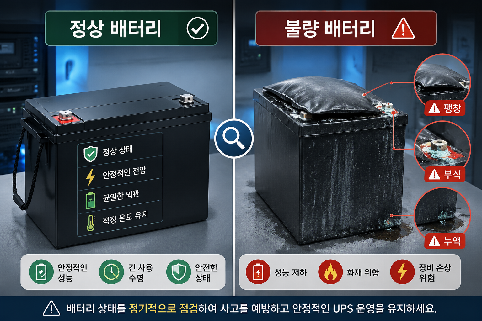 Detailed () split-panel comparison image: left panel shows a healthy UPS battery with Korean label '정상 배터리' and green