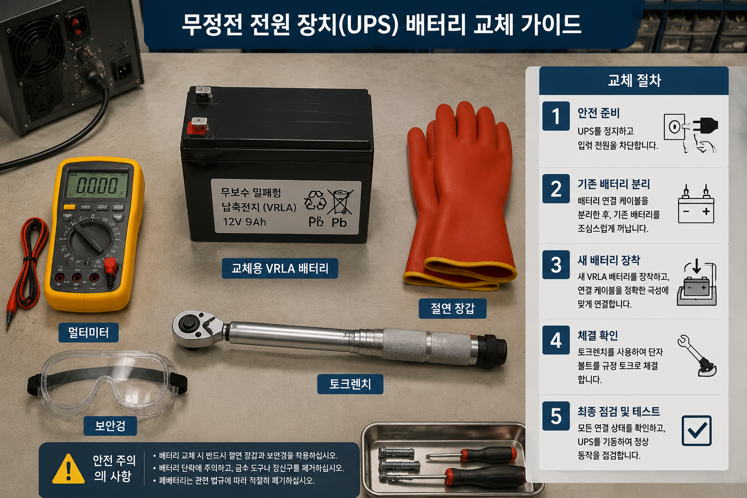 Detailed () overhead flat-lay photograph of UPS battery replacement tools laid out on a clean workbench: multimeter,