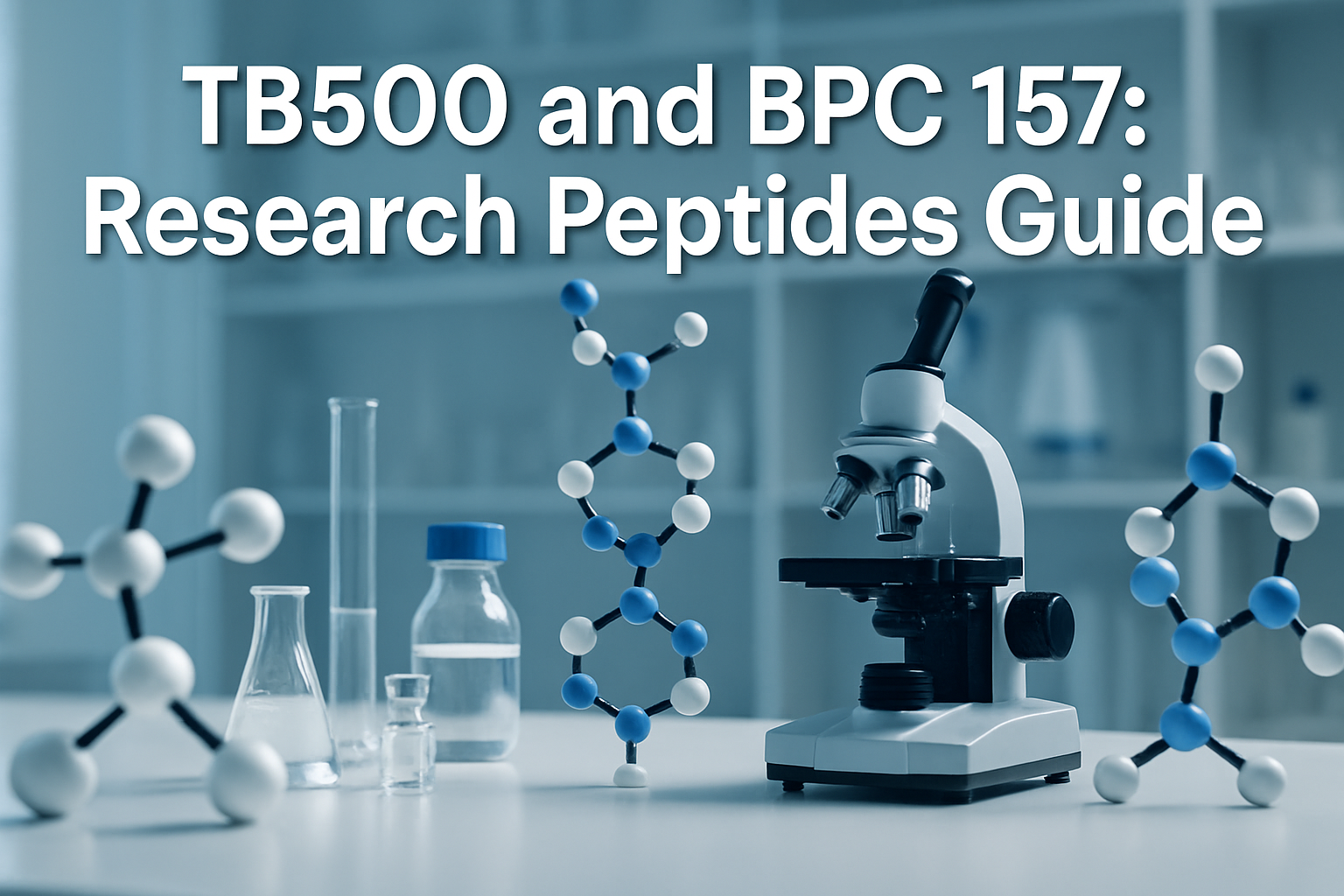 Professional landscape hero image (1536x1024) featuring bold text overlay 'TB500 and BPC 157: Research Peptides Guide' in extra large 72pt w