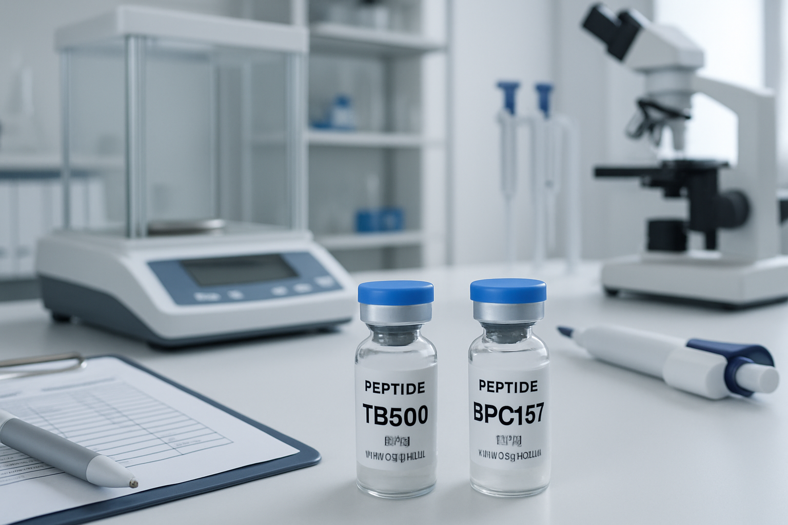 Research laboratory scene showing peptide vials labeled TB500 and BPC 157 on clean white counter, scientific measuring equipment, pipettes, 