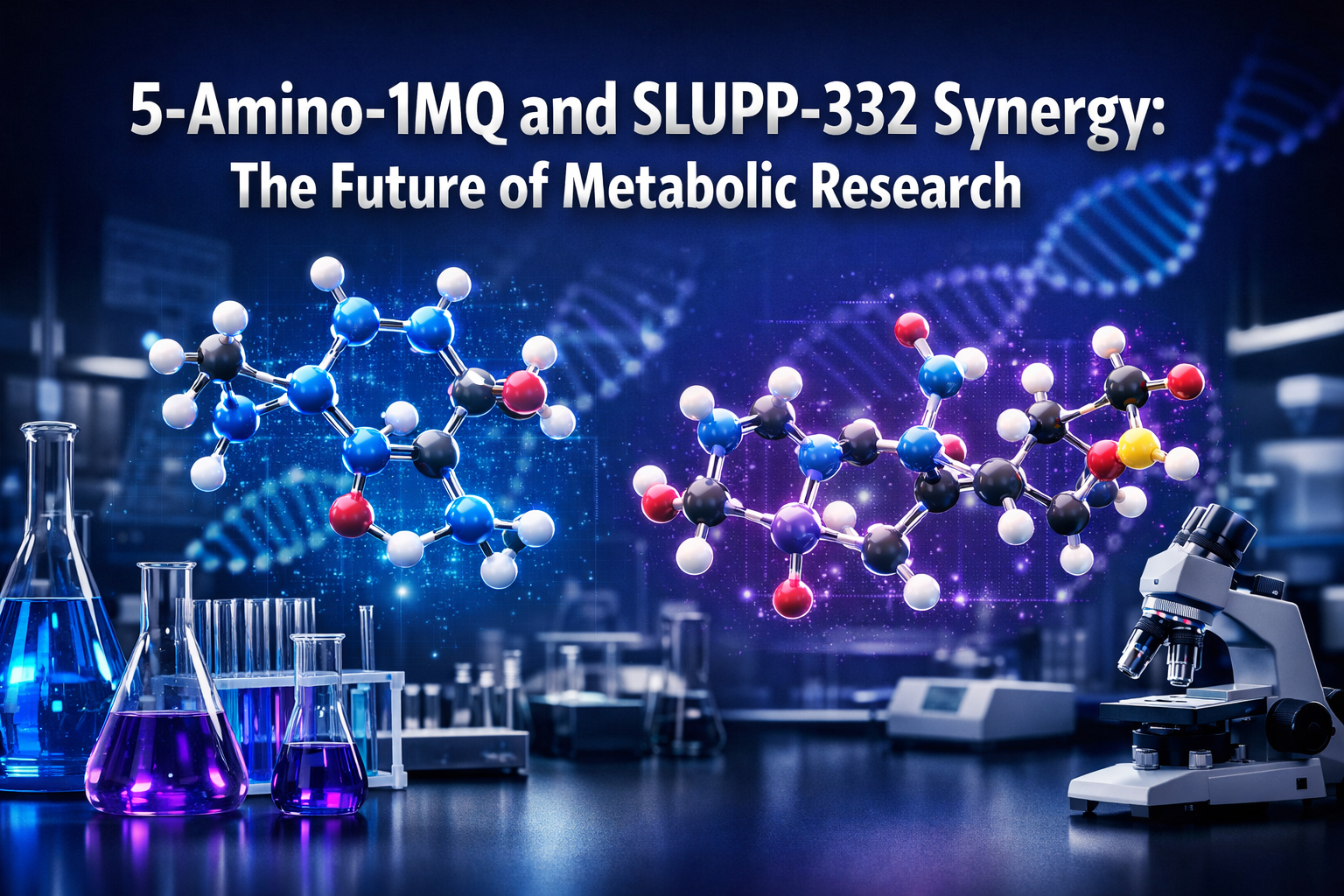 Professional landscape hero image (1536x1024) featuring bold text overlay '5-Amino-1MQ and SLUPP-332 Synergy: The Future of Metabolic Resear