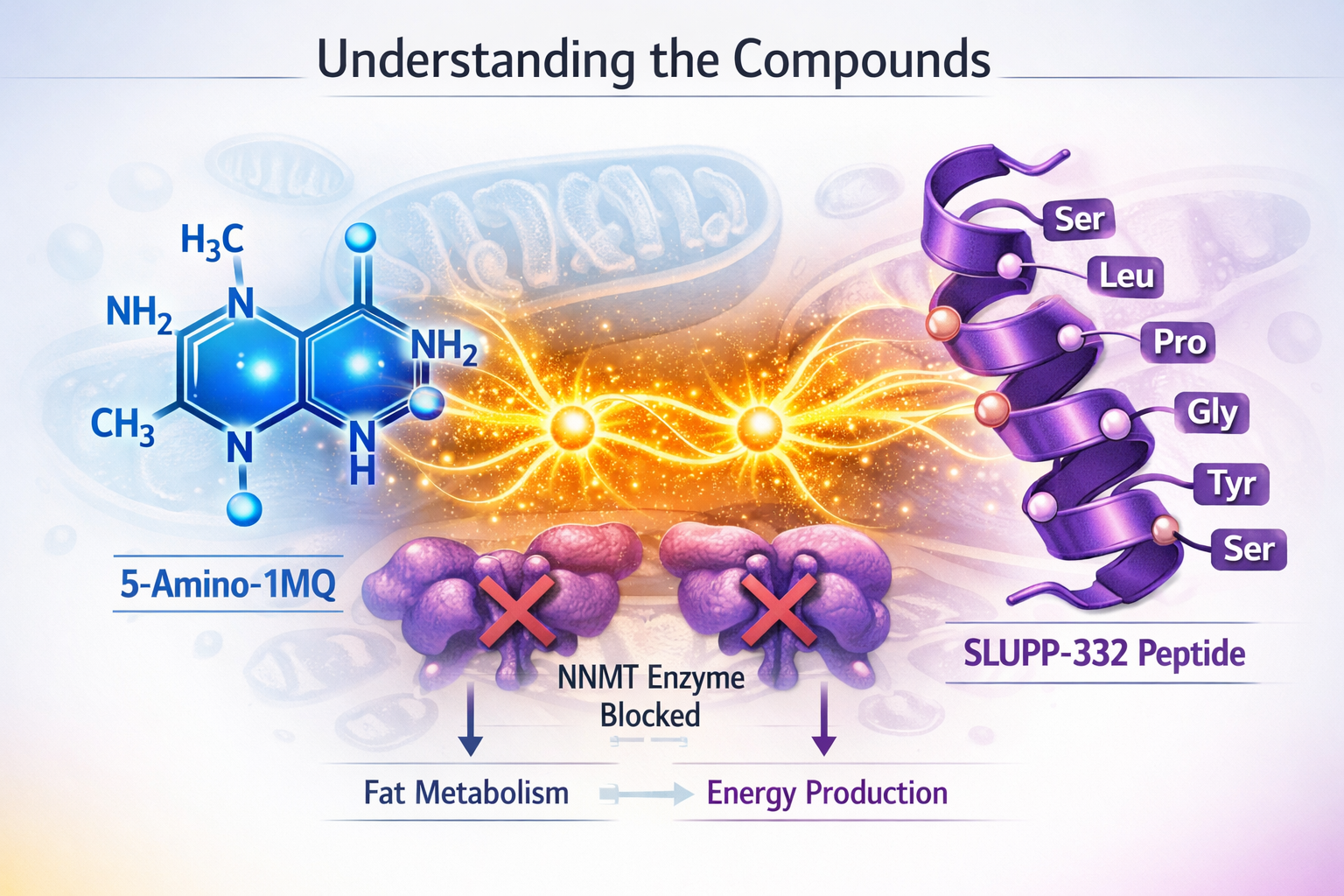 Detailed scientific illustration (1536x1024) showing two distinct molecular structures side by side - 5-Amino-1MQ molecule on left in electr