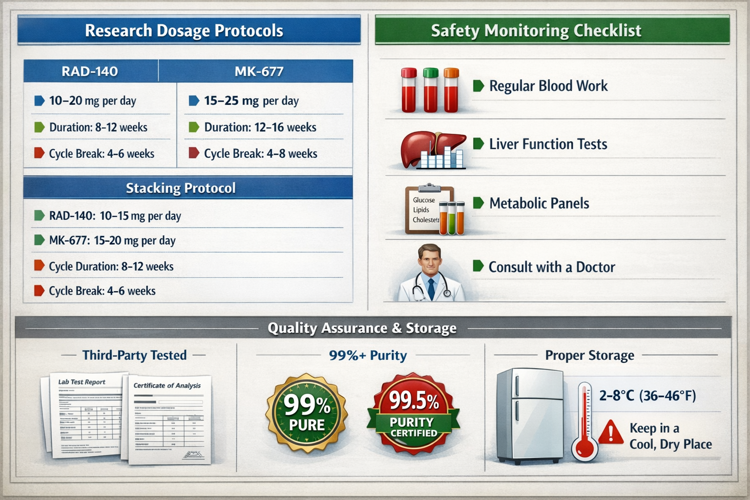Detailed landscape comparison chart (1536x1024) showing research protocols and safety considerations. Split design with left side displaying