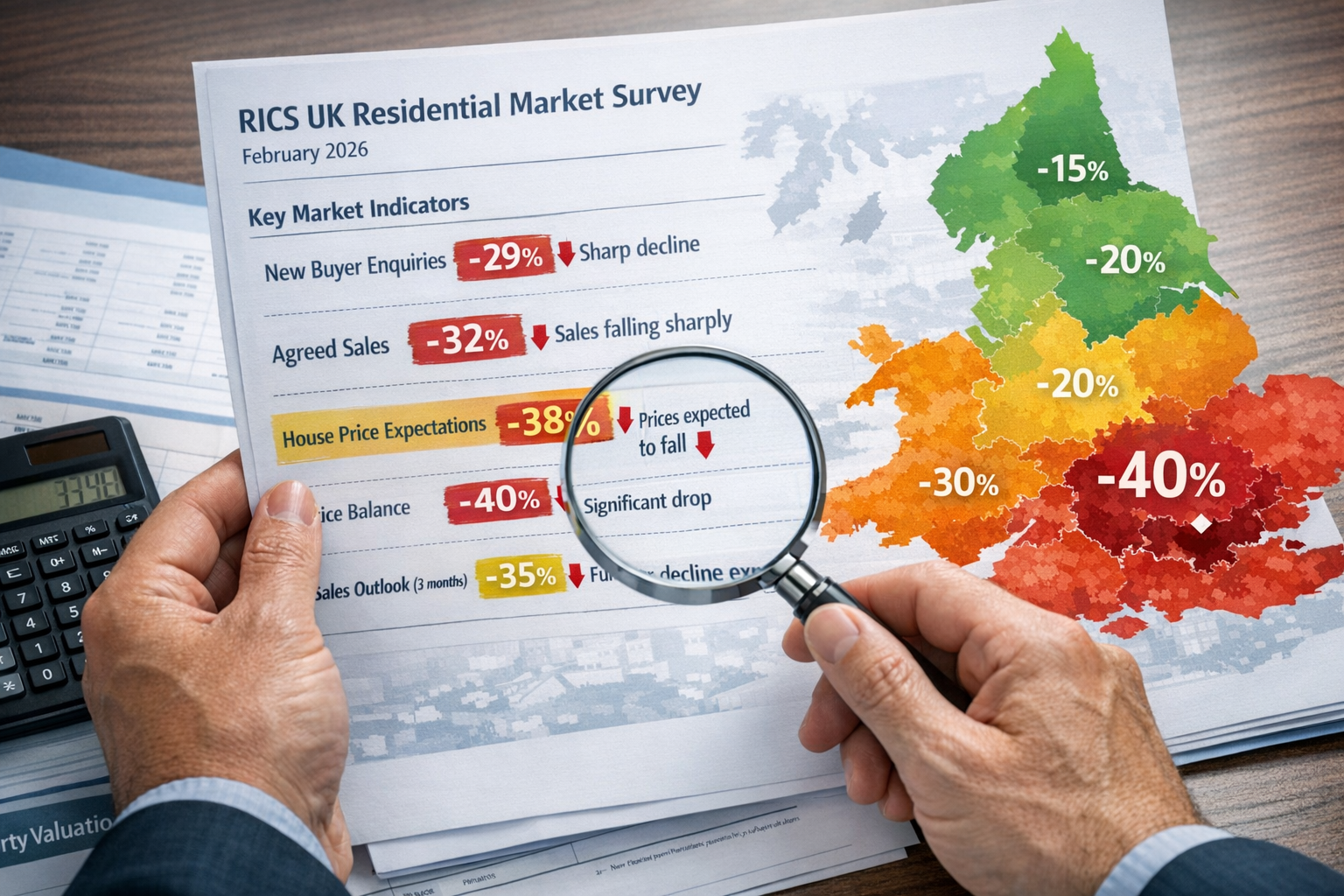 Detailed () image showing close-up of RICS residential market survey report for February 2026 with highlighted statistics