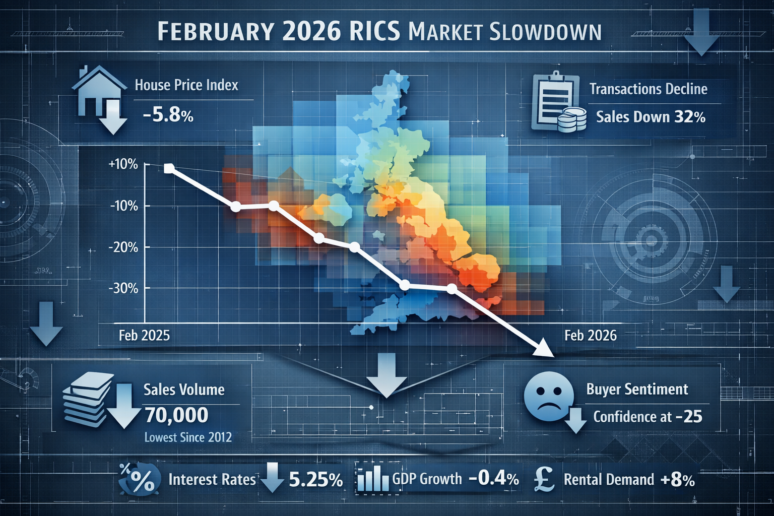 A complex data visualization depicting the February 2026 RICS market slowdown, featuring a multi-layered infographic with