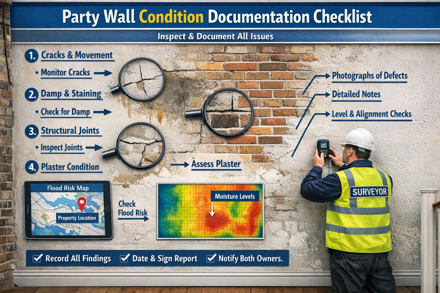 () detailed infographic showing comprehensive party wall condition documentation checklist overlaid on photograph of