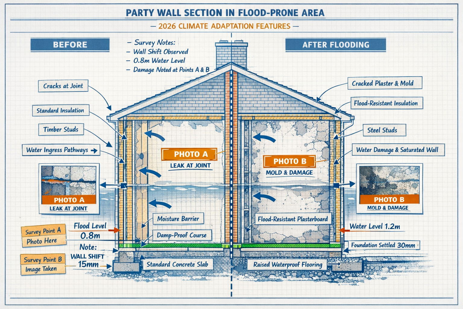 () technical diagram showing cross-section view of party wall construction in flood-prone area with 2026 climate adaptation