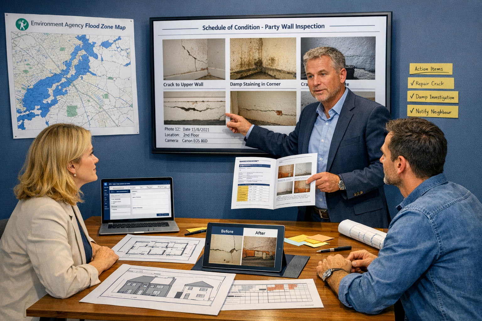 () modern office scene showing party wall surveyor presenting comprehensive schedule of condition report to property owners.