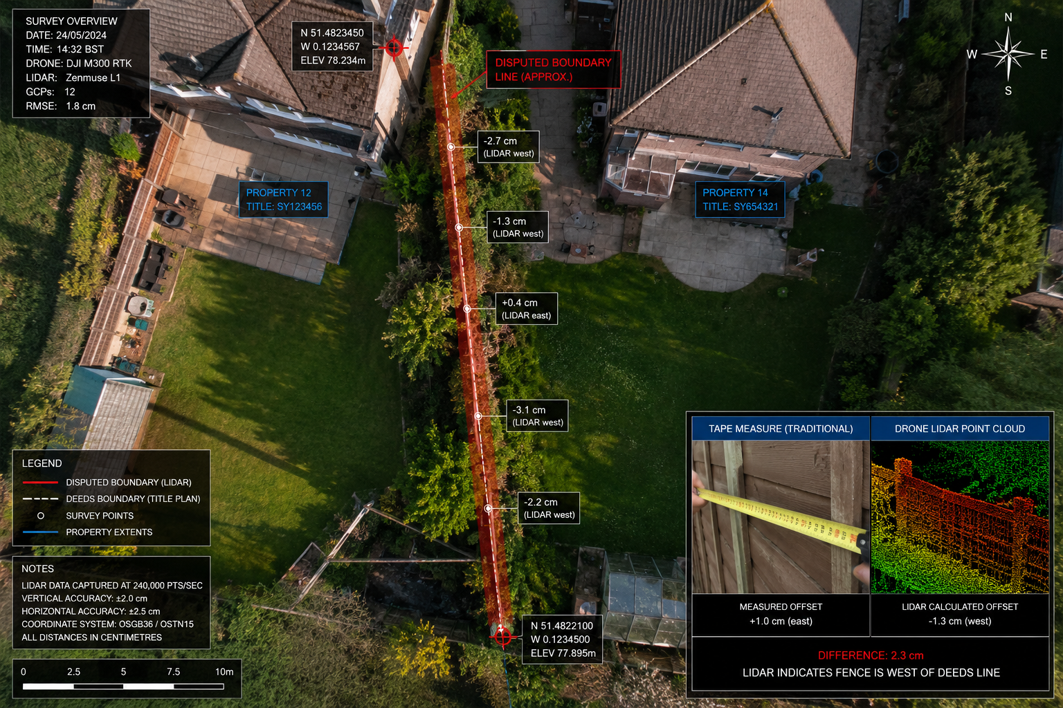 Wide-angle aerial drone perspective () looking directly down at a disputed UK residential property boundary, showing two