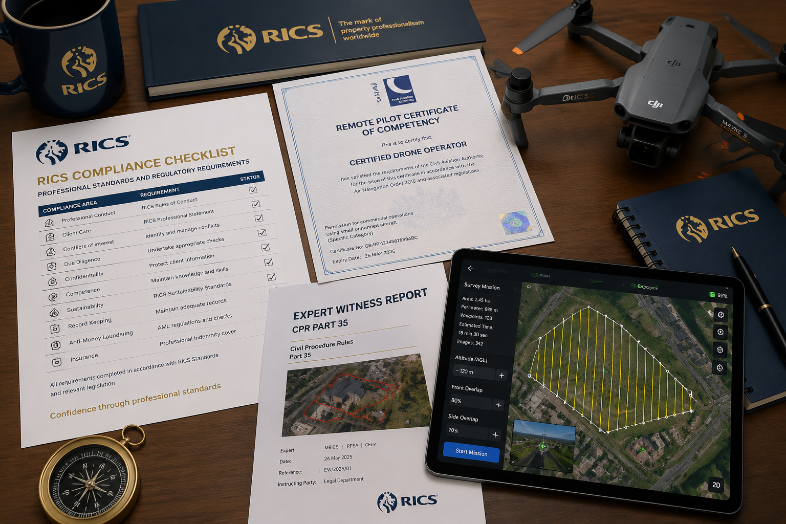 Close-up studio-style flat-lay () of a professional surveyor's desk showing printed RICS compliance checklist documents, CAA