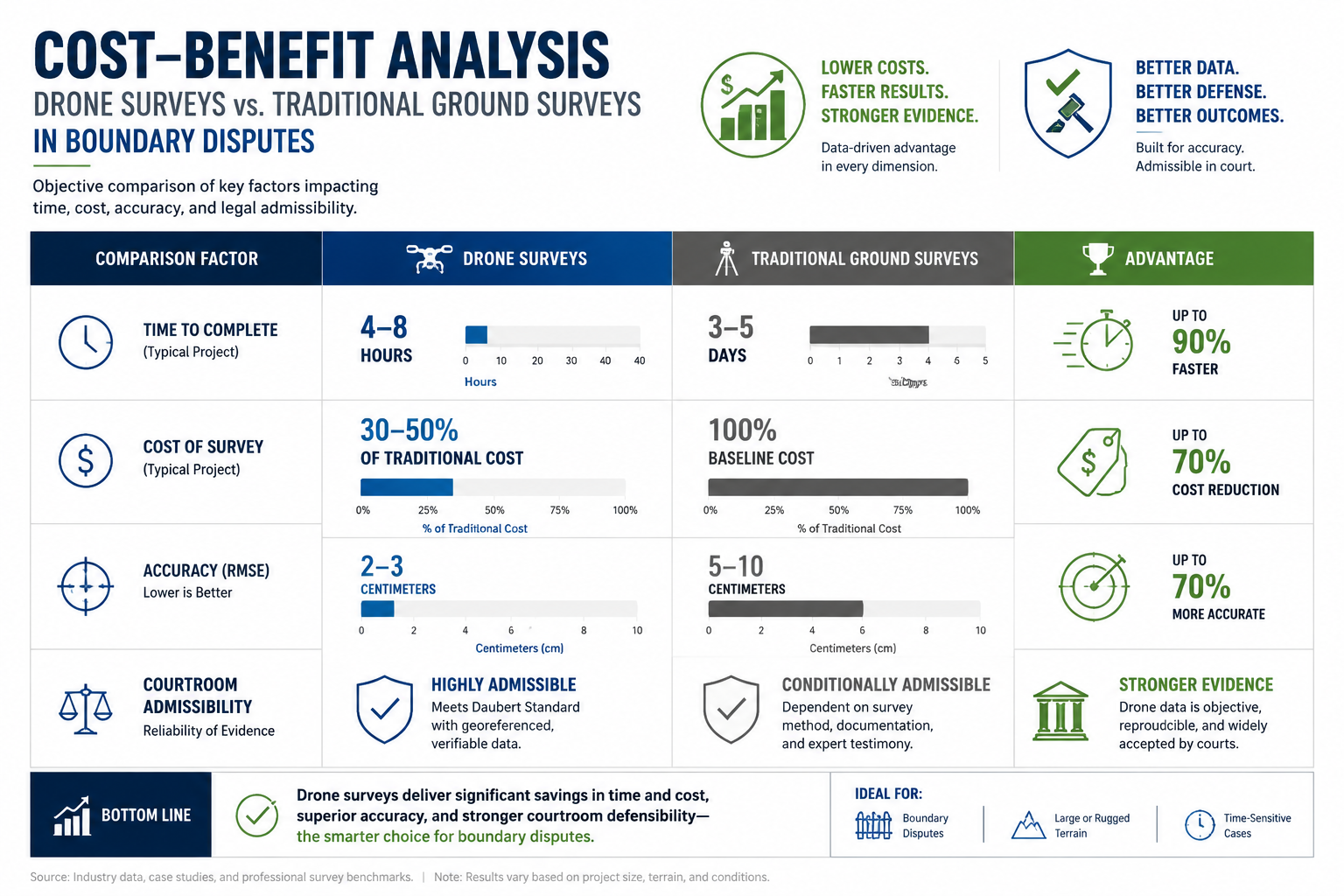Infographic-style landscape image () showing a cost-benefit analysis comparison table for drone surveys vs traditional