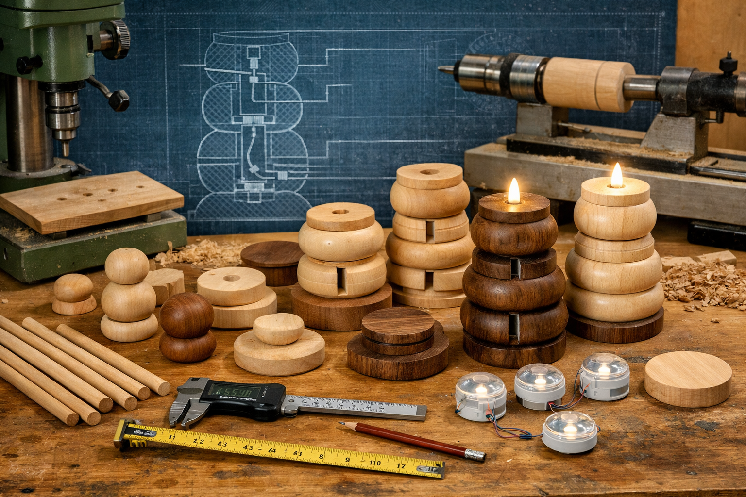 Landscape format (1536x1024) image showing a workbench with various stages of stacked wooden candle holder construction. Include elements li