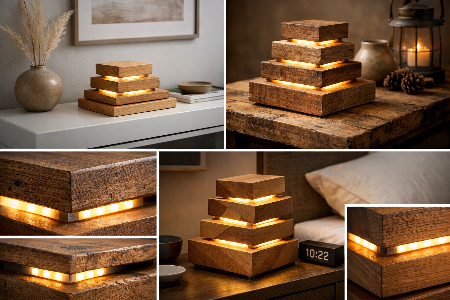 Landscape format (1536x1024) image illustrating different stacked wooden candle holder designs with hidden LED integration in various home s