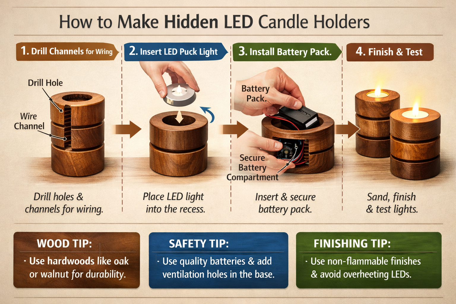 Landscape format (1536x1024) image featuring a clear, step-by-step infographic or diagram showing the process of integrating hidden LEDs int
