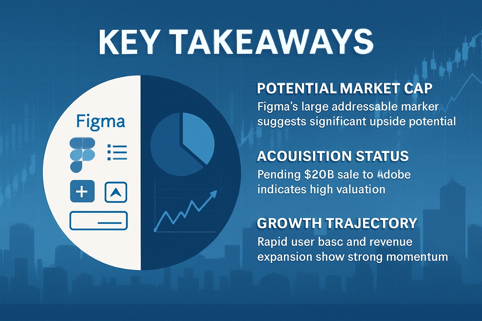 Key takeaways infographic for Figma Stock investment potential, featuring a minimalist design with digital technology background. Central gr