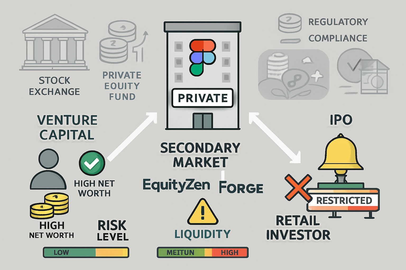 Sophisticated landscape illustration (1536x1024) depicting pre-IPO investment pathways and mechanisms. Center shows large Figma company buil