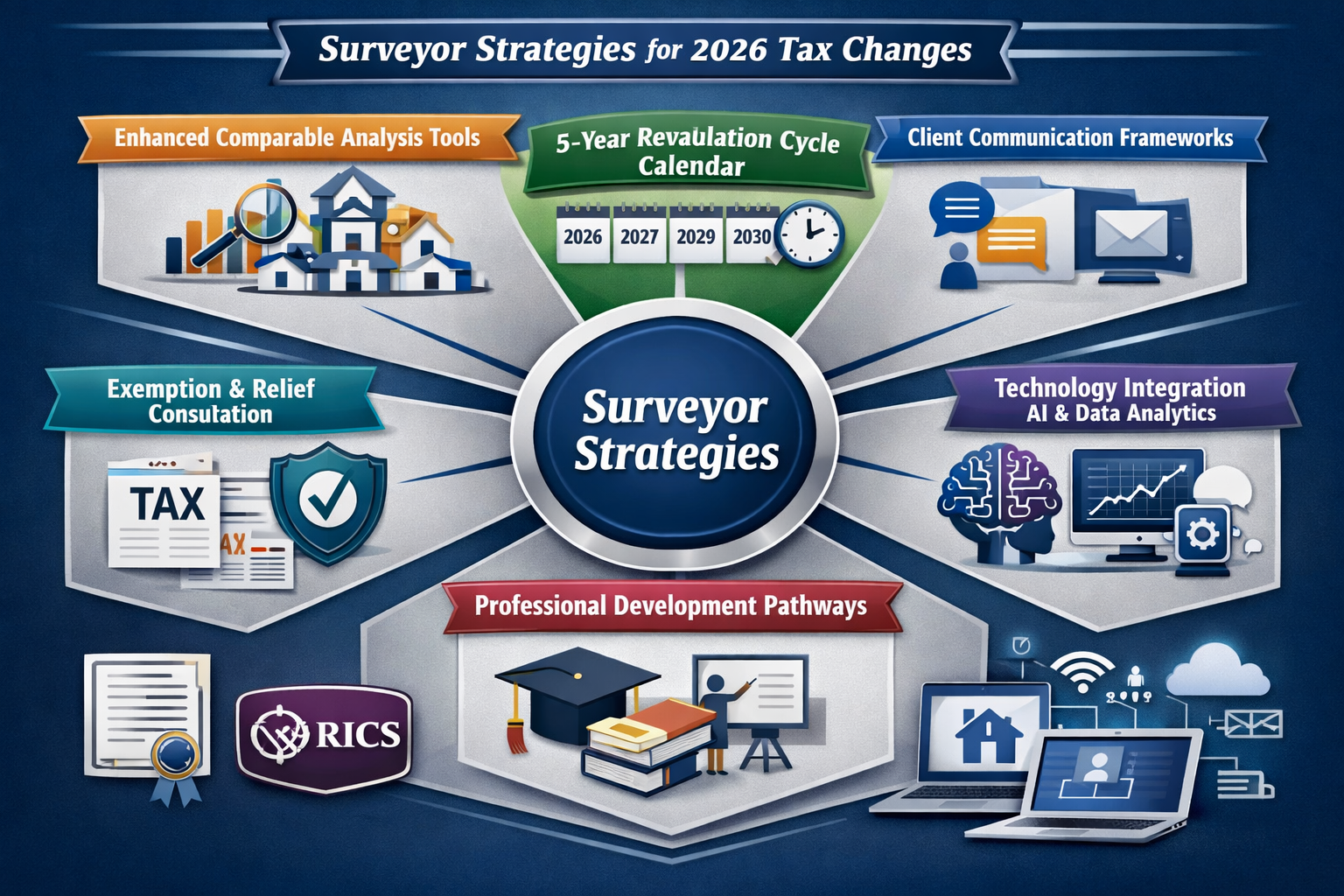 Detailed landscape format (1536x1024) conceptual diagram illustrating surveyor adaptation strategies for 2026 tax changes. Central hub-and-s