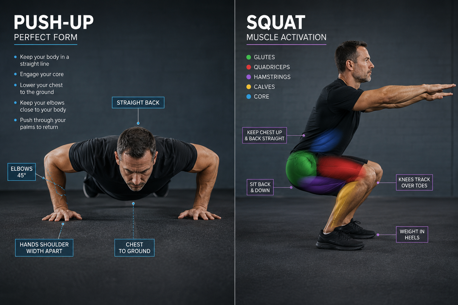 () image showing split-screen demonstration of proper bodyweight exercise form. Left side displays mature adult performing