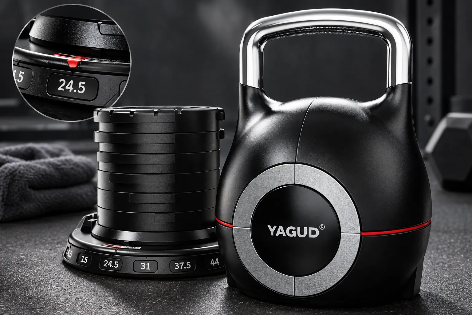 Yagud Adjustable Kettlebell Close-up detailed showcase of the Yagud Adjustable Kettlebell dial and weight-locking mechanism, studio lighting highlighting the selector numbers and handle grip texture What is the Yagud Adjustable Kettlebell and who is it for?