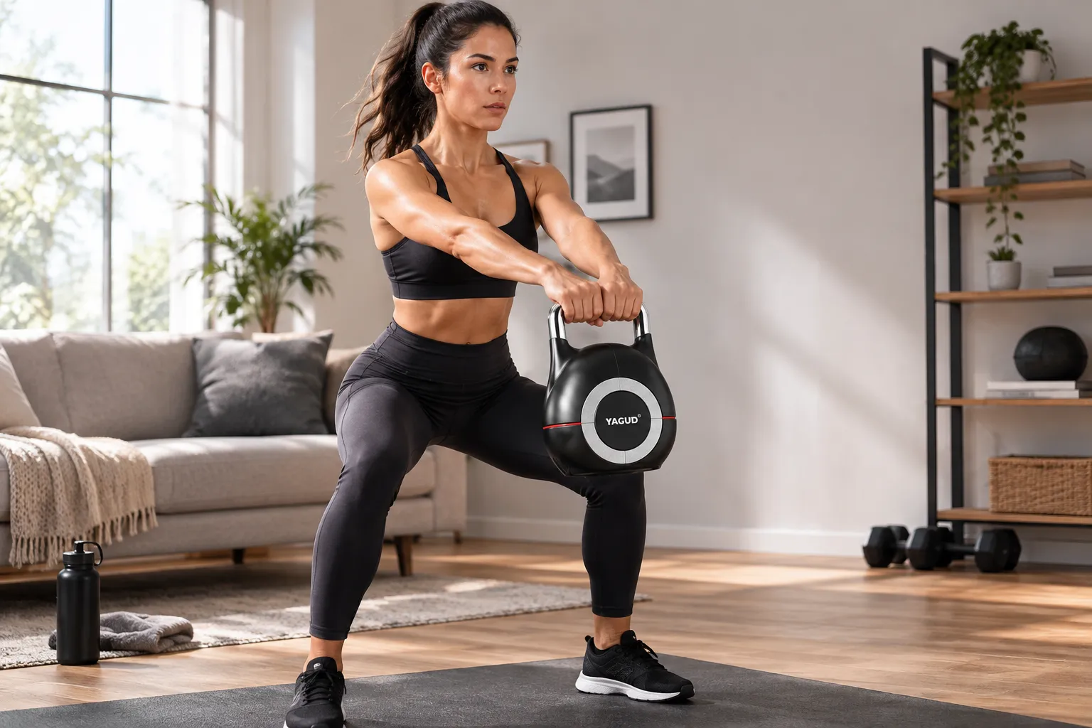 Yagud Adjustable Kettlebell Review Detailed showcase of the Yagud Adjustable Kettlebell in action during a home workout, person performing a kettlebell swing with the adjustable kettlebell clearly visible What are the main features of the Yagud Adjustable Kettlebell?