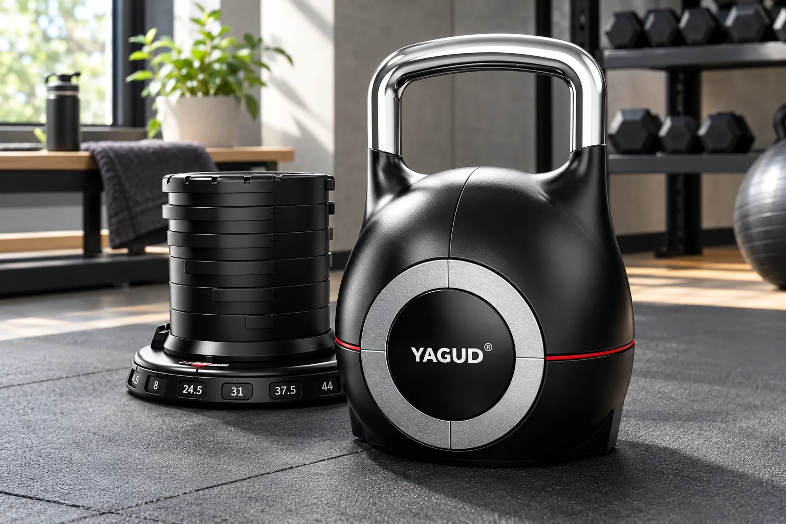 Yagud Adjustable Kettlebell Review Detailed showcase of the Yagud Adjustable Kettlebell displayed next to its compact storage base, highlighting the space-saving design and weight range options Who should buy the Yagud Adjustable Kettlebell?