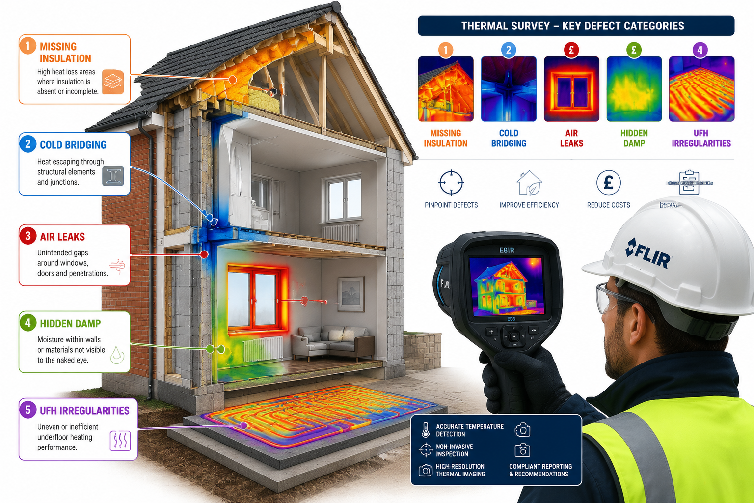 Detailed () infographic-style illustration showing five thermal imaging defect categories in a building cross-section