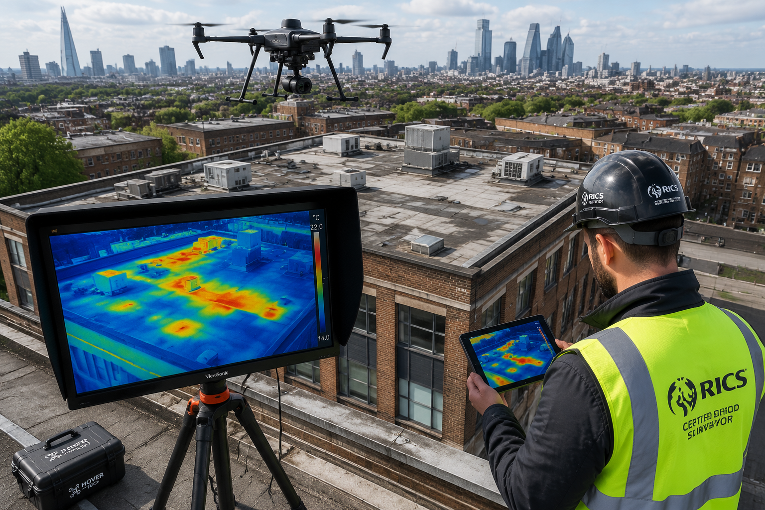 () overhead drone perspective photograph showing a commercial building rooftop being scanned by a drone equipped with a
