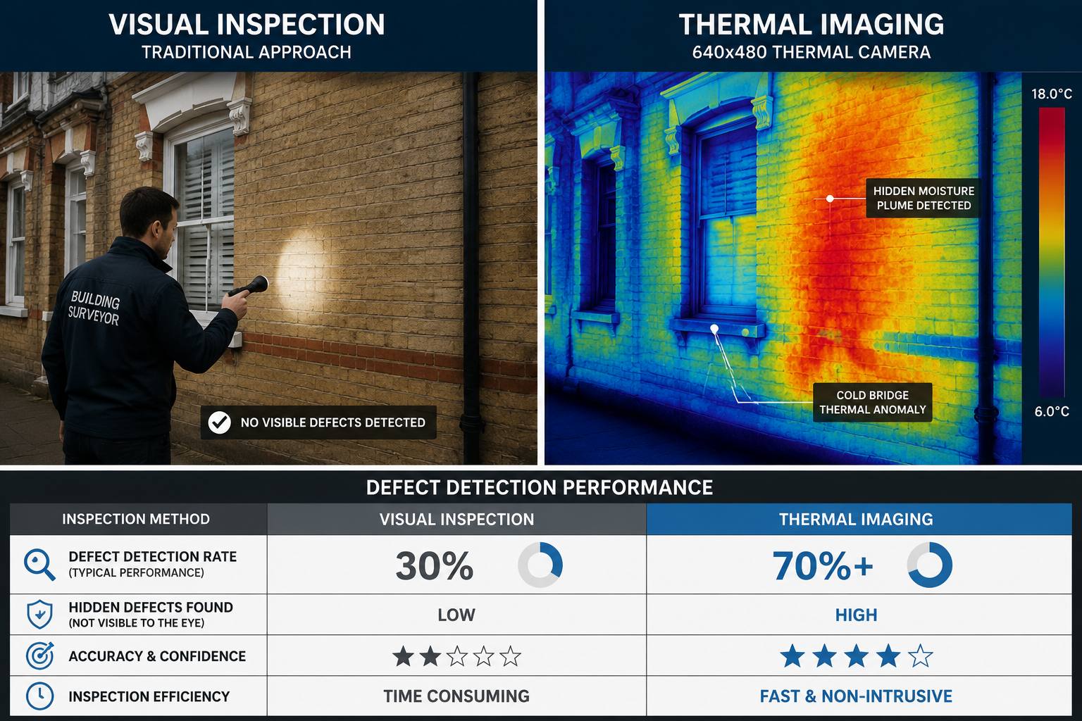 () side-by-side comparison image: left panel shows a traditional visual inspection of a Victorian terraced house wall with a