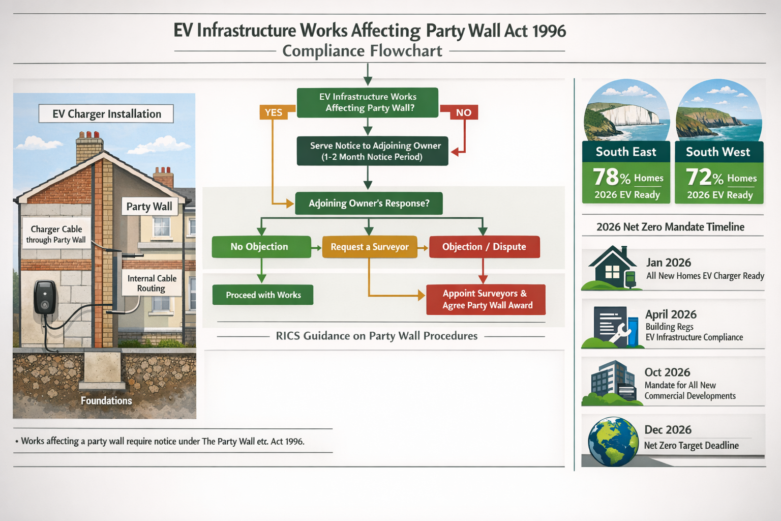 () detailed infographic showing Party Wall Act 1996 compliance flowchart specifically for EV infrastructure installations.