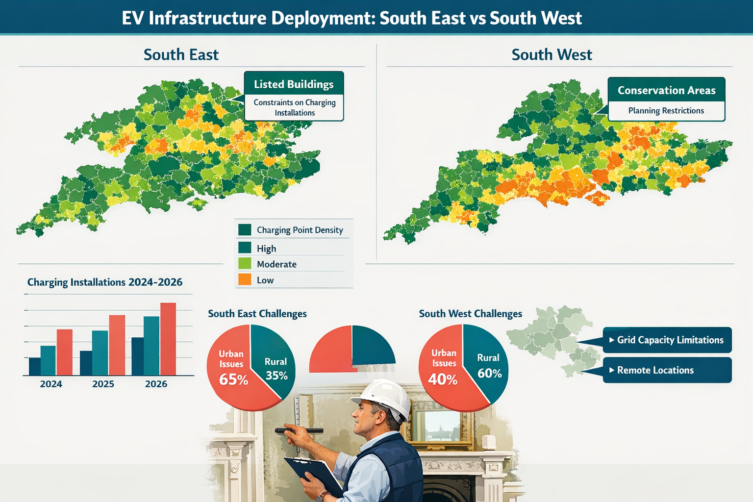 () comparative regional analysis visualization showing South East versus South West EV infrastructure deployment data. Main