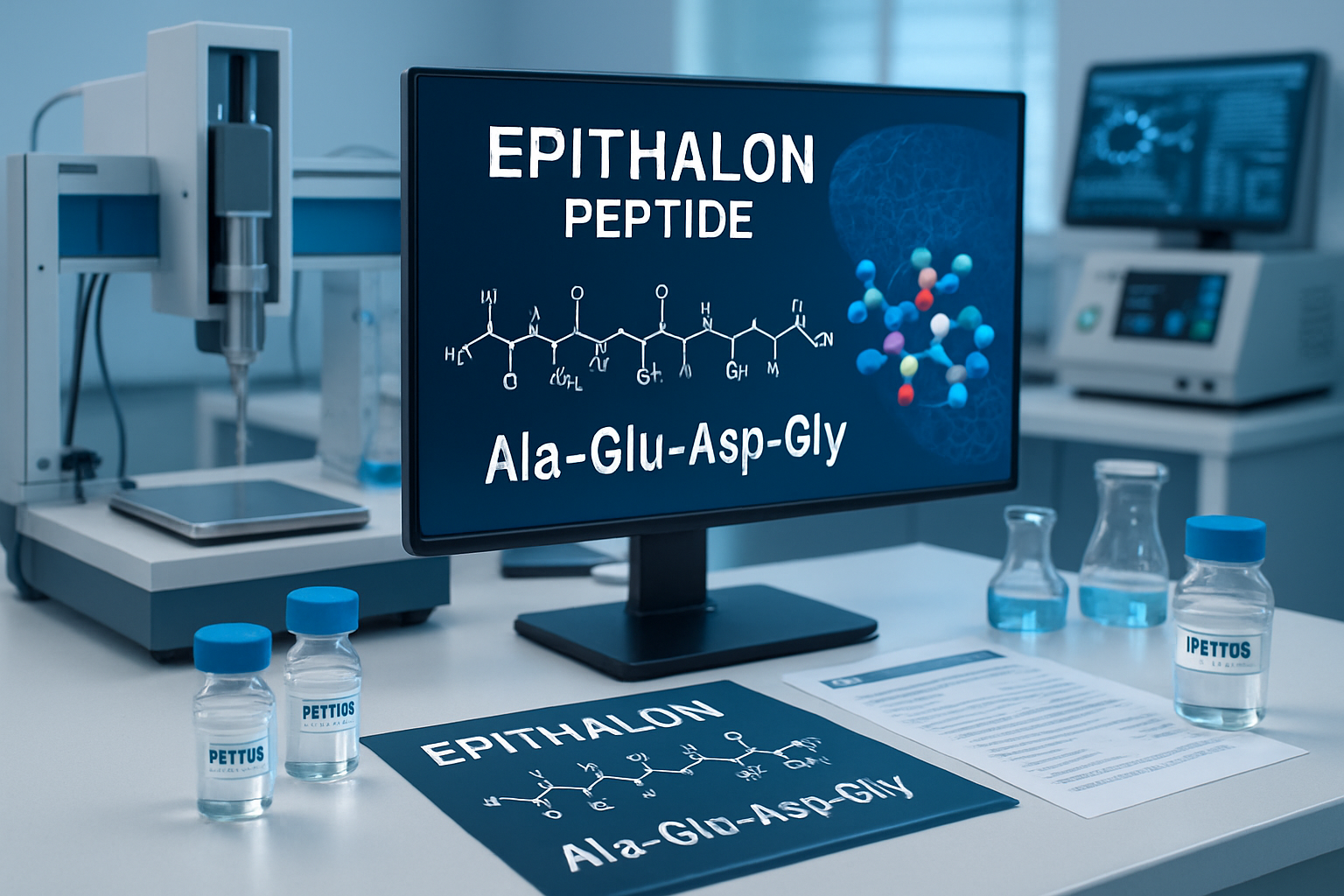 Scientific laboratory scene showing epithalon peptide molecular structure with detailed amino acid sequence Ala-Glu-Asp-Gly displayed on dig