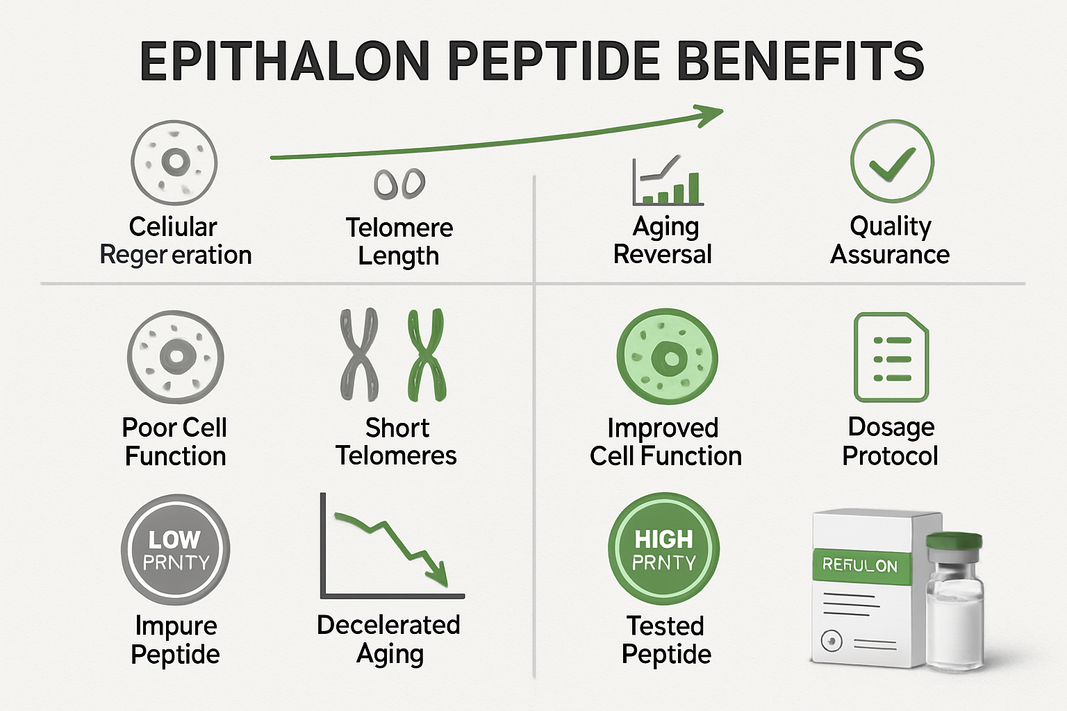 Comparison infographic showing epithalon peptide benefits timeline with cellular regeneration icons, telomere length visualization, aging pr
