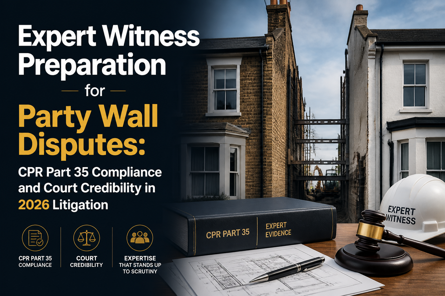 Professional landscape hero image () with : "Expert Witness Preparation for Party Wall Disputes: CPR Part 35 Compliance and