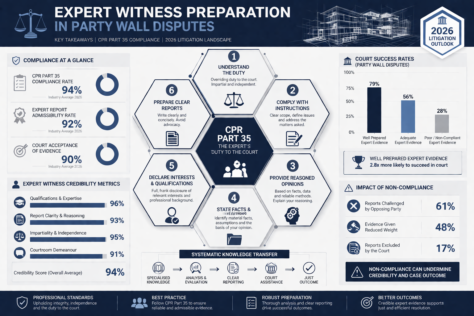 Infographic-style key takeaways visual for Expert Witness Preparation in Party Wall Disputes, featuring a central hexagonal