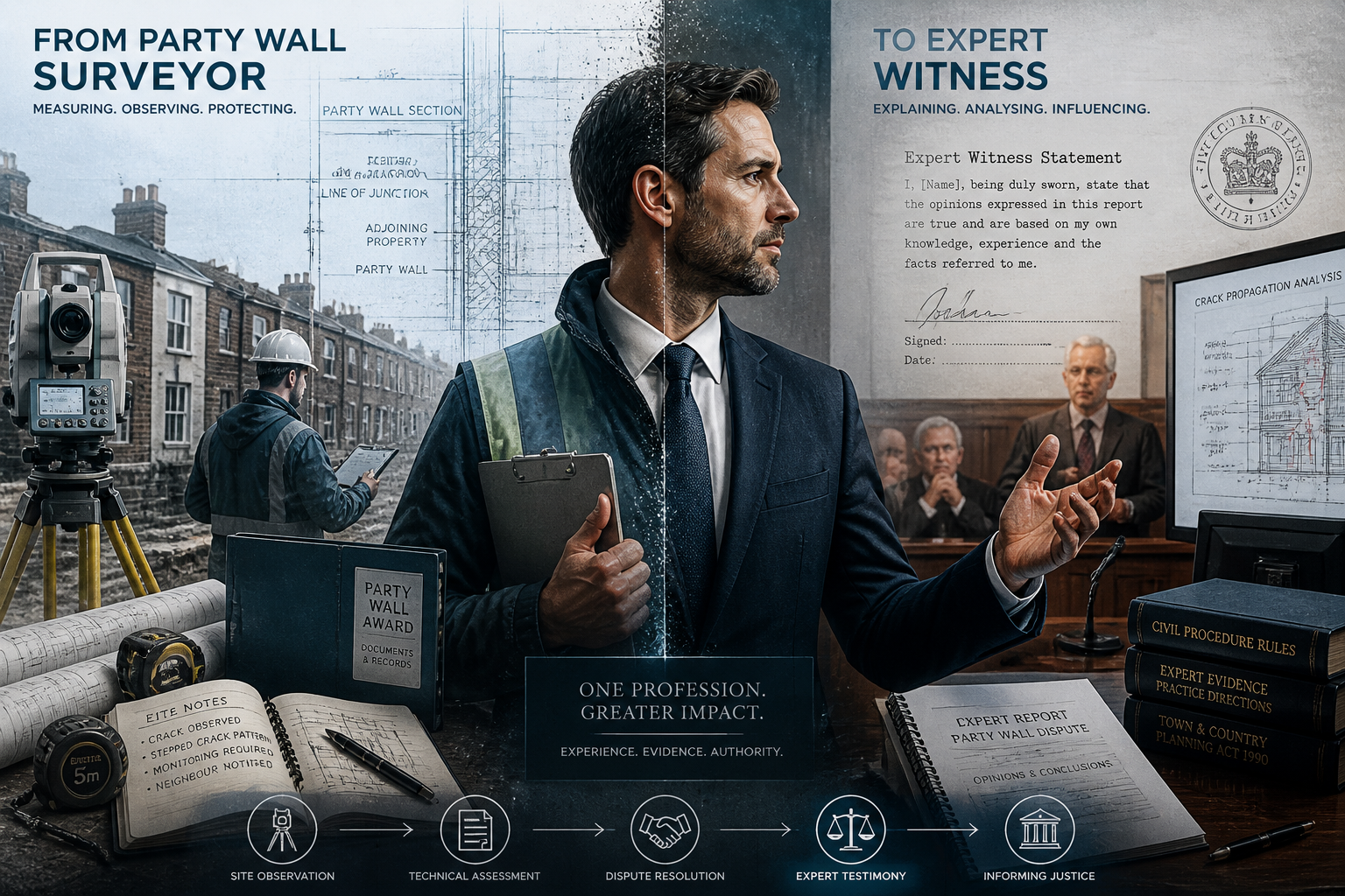 Dynamic split-screen illustration depicting the transformation of a party wall surveyor into an expert witness, with left