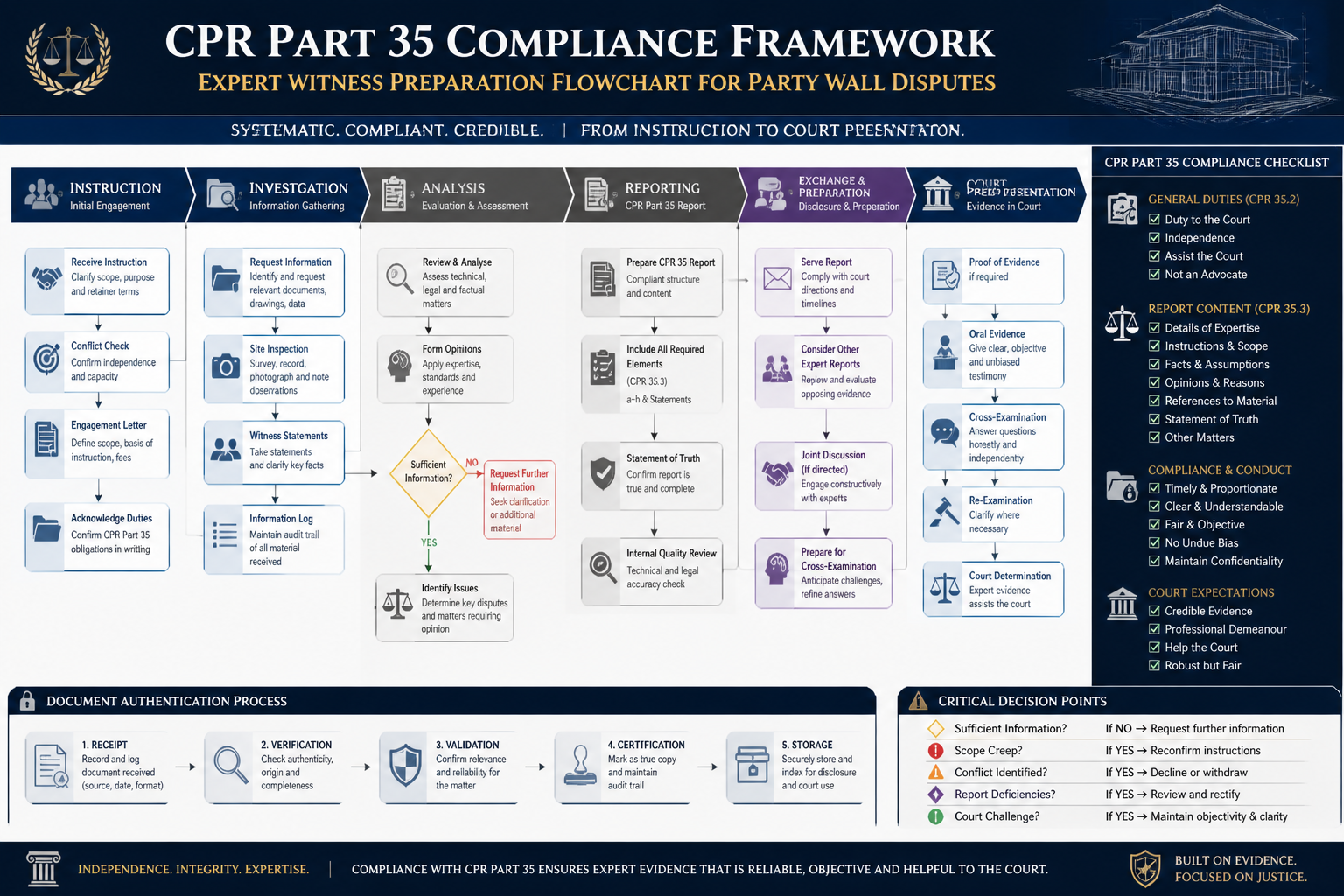 Comprehensive visual breakdown of CPR Part 35 compliance framework, featuring an intricate flowchart mapping expert witness