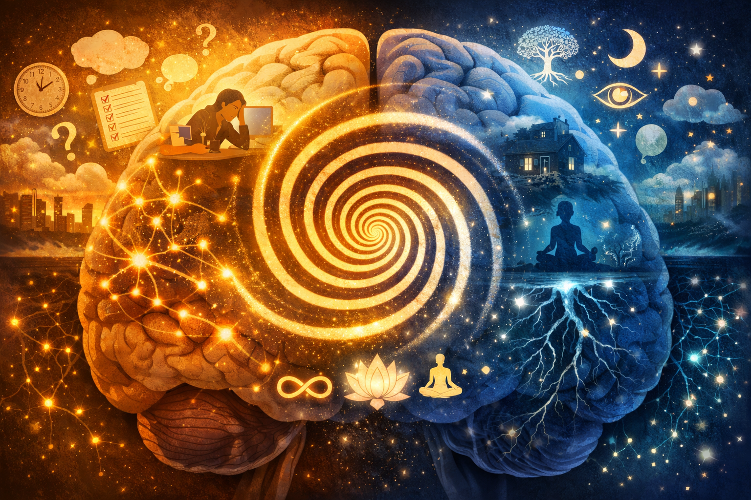 () image showing split-brain visualization with left side displaying conscious mind activities (daily thoughts, worries,