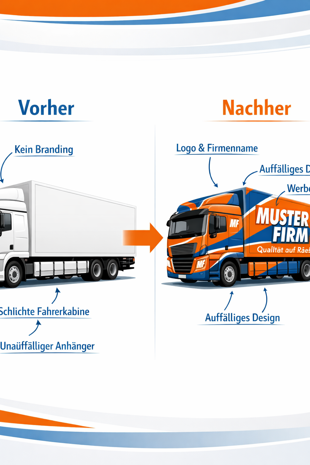 () infographic-style illustration showing a side-by-side comparison of a plain white LKW versus a fully wrapped LKW with