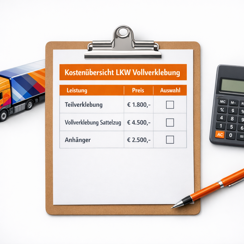 () detailed cost breakdown visual for LKW Vollverklebung: a clean flat-lay design showing a clipboard with a German-language