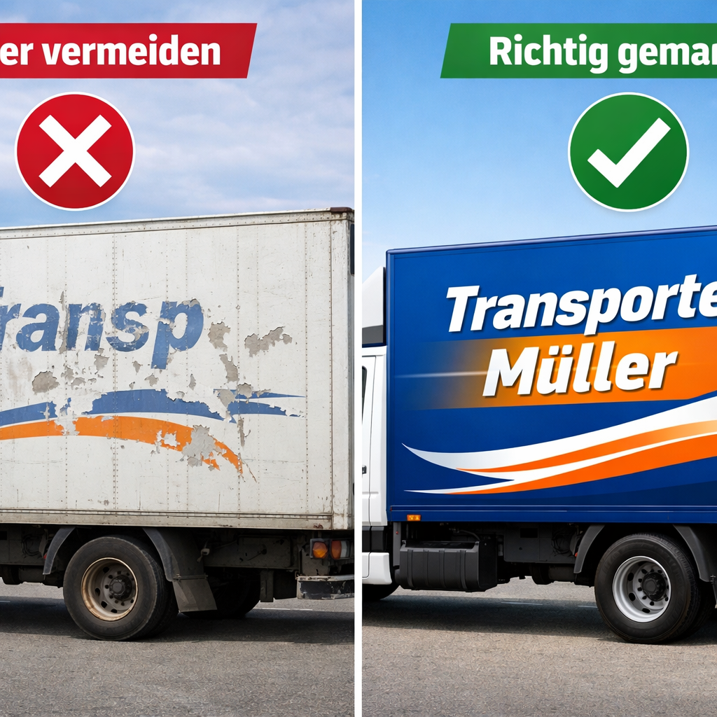 () split-scene image: left side shows a truck with peeling, faded partial lettering representing a common mistake; right