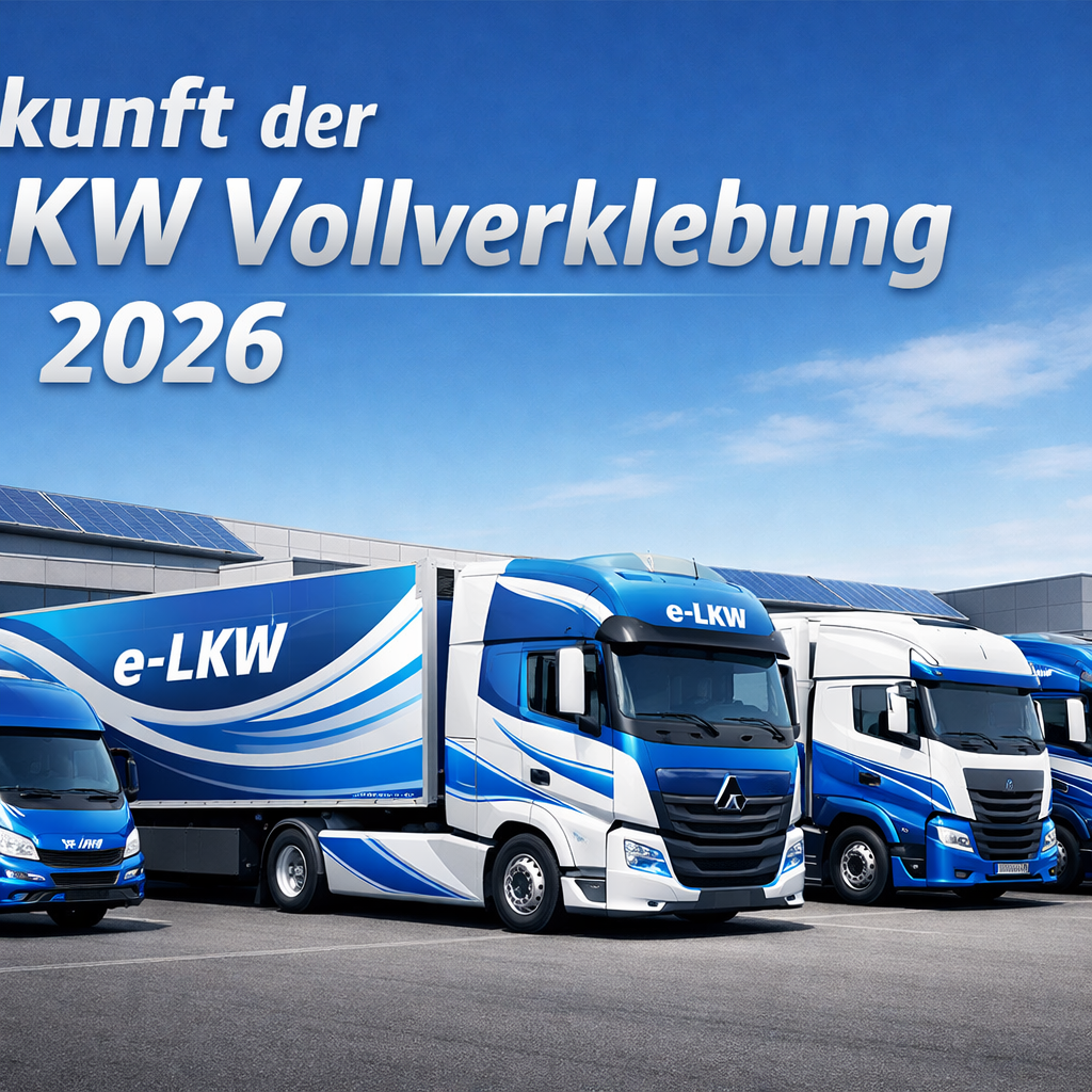 () forward-looking visual showing a fleet of modern electric trucks (e-LKW) parked in a row, all featuring sleek full-body