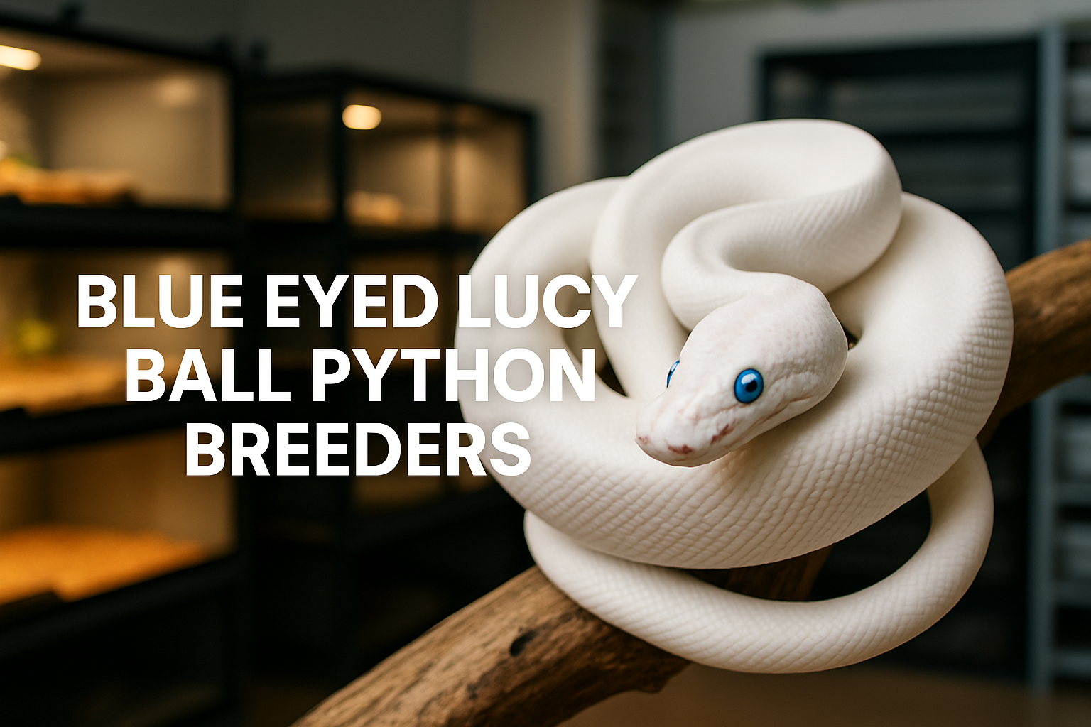 Professional landscape hero image (1536x1024) featuring a stunning blue eyed lucy ball python with pristine white scales and piercing blue e