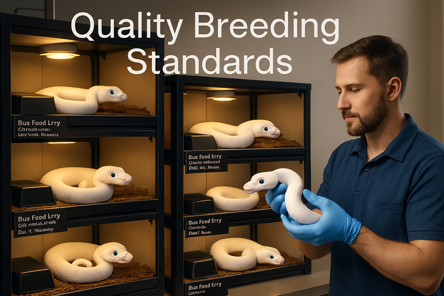 Professional reptile breeding facility interior showing multiple glass terrariums with blue eyed lucy ball pythons, each enclosure labeled w