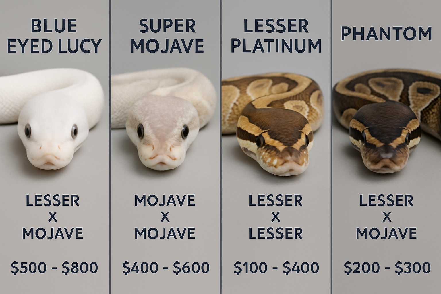 Close-up comparison chart showing different ball python morphs side by side - blue eyed lucy, super mojave, lesser platinum, and phantom mor