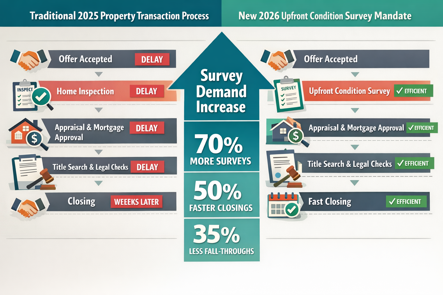 () detailed infographic showing timeline workflow comparison between traditional 2025 property transaction process versus