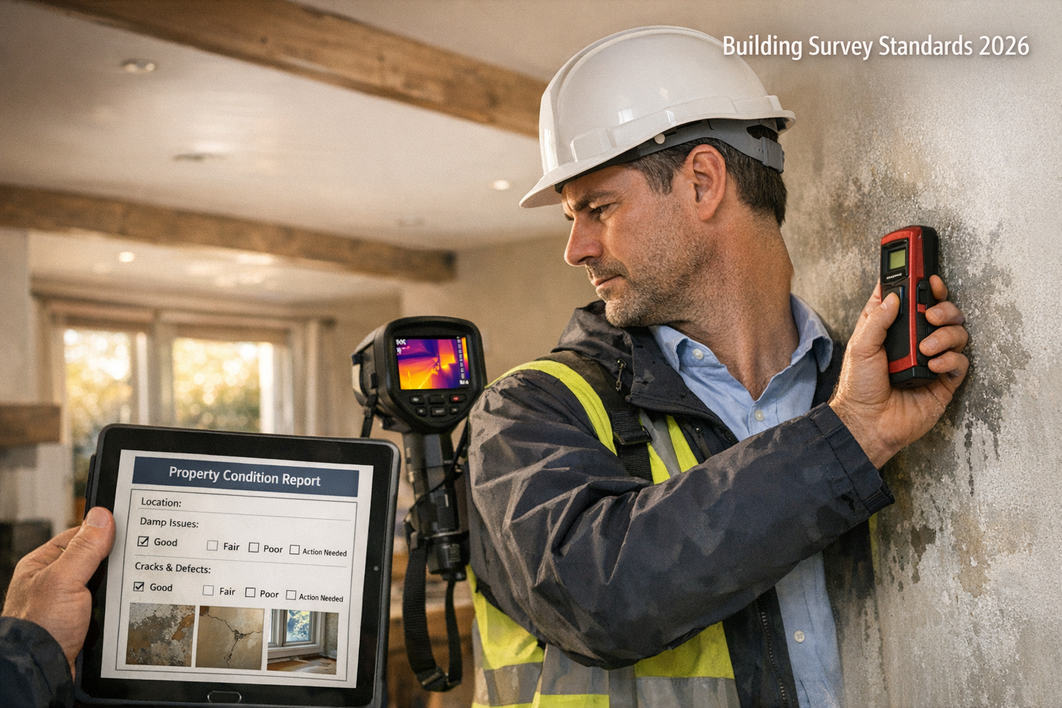 () professional photograph of chartered surveyor conducting detailed property inspection inside residential home, examining