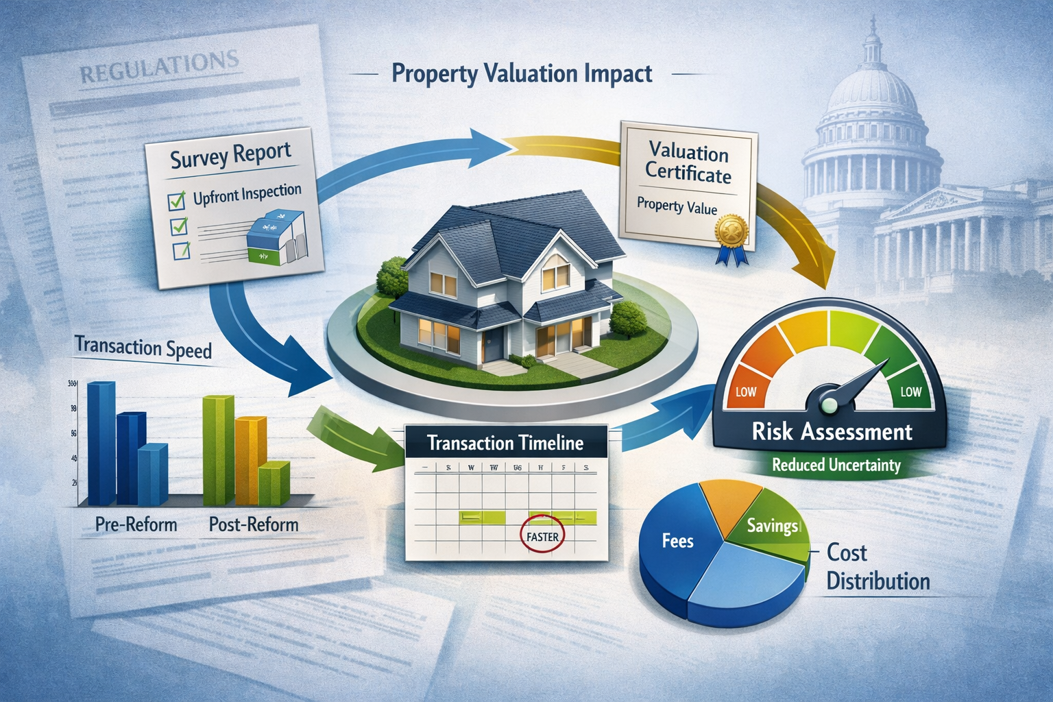 () conceptual business illustration showing property valuation impact diagram. Center features 3D house model surrounded by