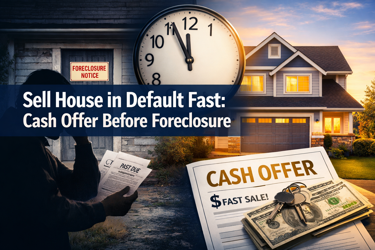 Professional landscape format (1536x1024) hero image featuring bold text overlay 'Sell House in Default Fast: Cash Offer Before Foreclosure'