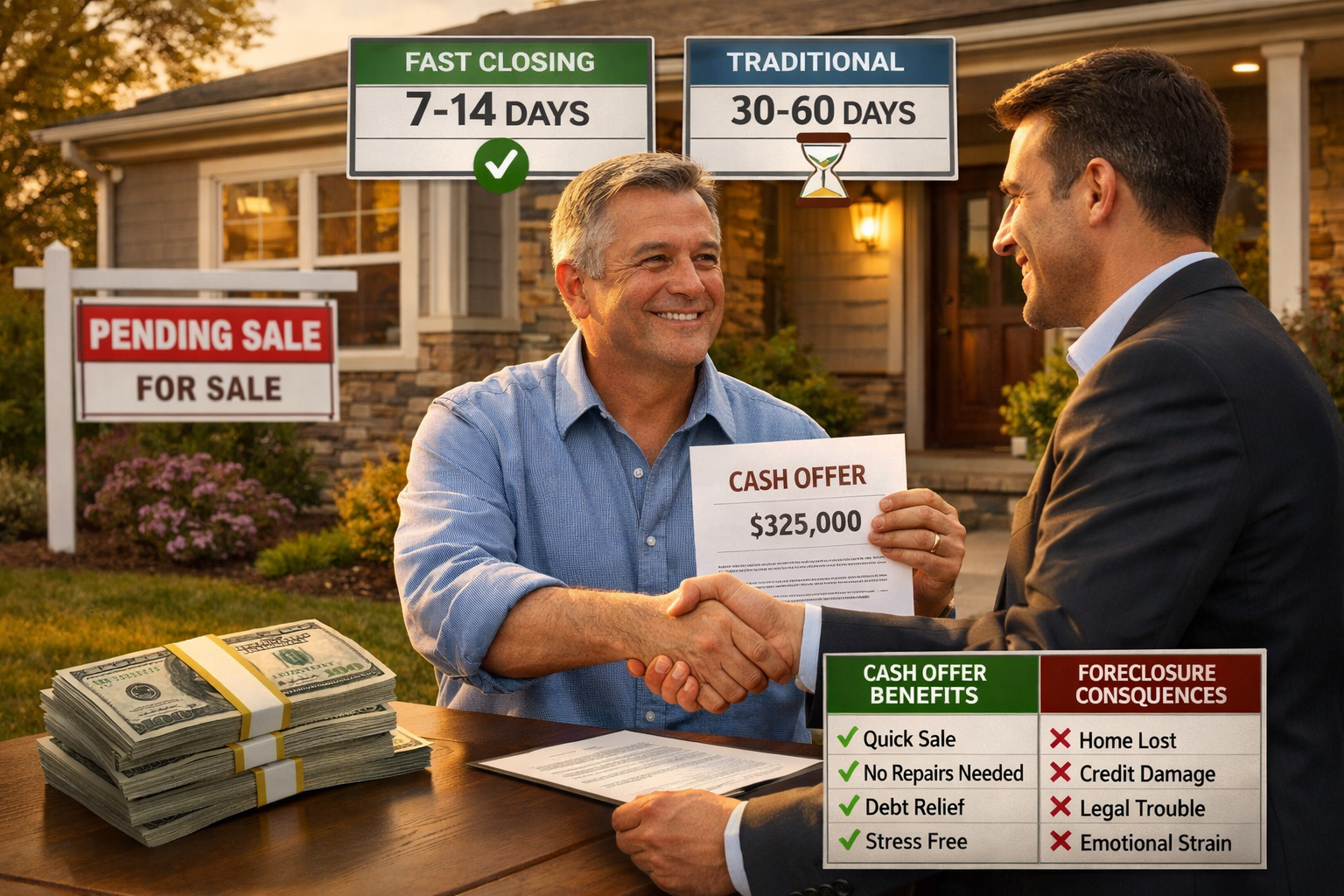 Landscape format (1536x1024) professional scene showing homeowner receiving cash offer document with visible dollar amount, handshake betwee